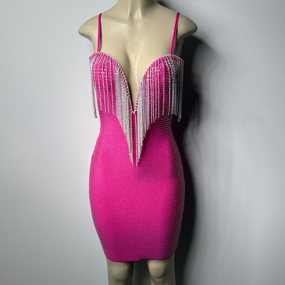 AKIRA Hot Pink Rhinestone Fringe Mini Dress